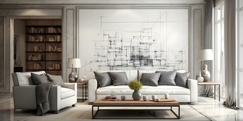 Interior designer sketches sofa design on plaster wall in living room. Concept Interior Design, Sofa Design, Plaster Wall, Living Room, Sketches