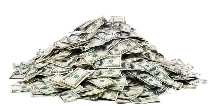 A large pile of American dollar bills isolated on a white background.