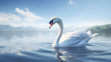 A swan swims in a lake, with mountains in the backdrop. 