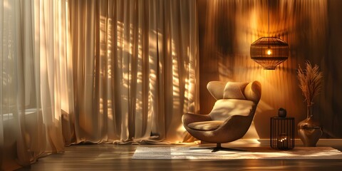 Elegant Loft with a Cozy Armchair, Neutral Tones, Designer Pendant Lamp, and Polished Floors. Concept Elegant Decor, Cozy Armchair, Neutral Tones, Designer Pendant Lamp, Polished Floors