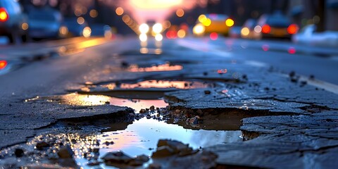 Urban road with many potholes presents dangers to vehicles and pedestrians. Concept Road Maintenance, Urban Infrastructure, Safety Precautions, Community Concerns, Transportation Issues