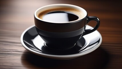 Fototapeta premium A sleek black cup and saucer filled with steaming hot coffee, set against a wooden background. The simplicity and elegance of the presentation are striking