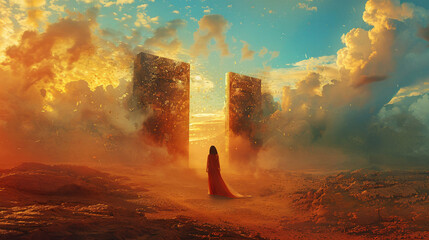 Conceptual artwork of a woman walking through a gate into a beach landscape, symbolizing freedom and relaxation