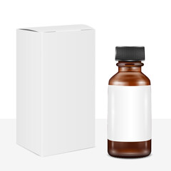 Vector drawing. Medical glass brown Bottle and packaging mock up