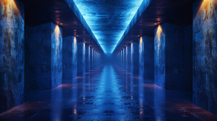 A long, narrow hallway with blue walls and a blue floor