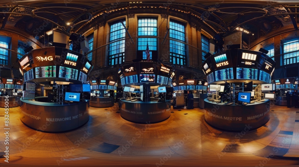 Poster the inside of a building filled with many monitors displaying various data and information.