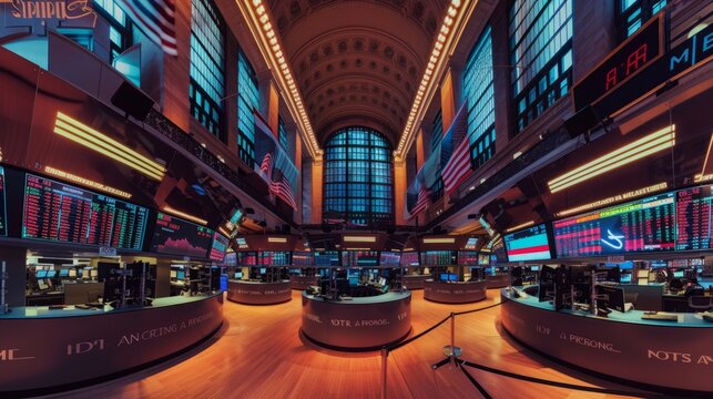 View of a bustling stock market floor filled with numerous monitors displaying financial data and graphs.