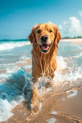 A joyful golden retriever enjoying a sunny day, splashing in the waves at a beautiful sandy beach.