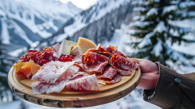A single hand holding a wooden platter of cold meats and cheeses from the Alps with a snowy mountain and red pine in the backdrop
