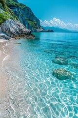 Fototapeta premium A stunning beach with crystal clear turquoise waters, rocky cliffs, and pristine sandy shores under a bright blue sky.