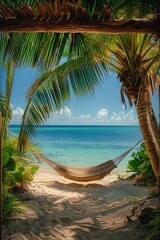 Fototapeta premium A serene tropical beach scene featuring a hammock strung between palm trees, overlooking clear blue ocean waters and sandy shore.