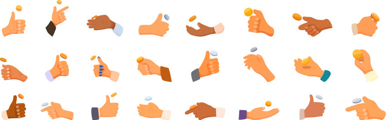Hand flips coin icons set vector. A collection of cartoon hands holding coins and giving thumbs up. The hands are of different colors and sizes, and they are all holding coins