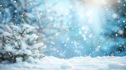 Christmas background with fir branches and snow, severe frost, close-up