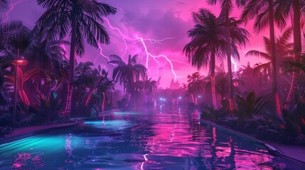 A tropical scene with a purple sky and a bright lightning bolt - Powered by Adobe