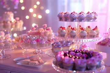 table brimming assorted pink color desserts and cupcakes, showcasing variety sweet treats. serving dishes. holiday or party. Bride's bachelor party or girl's birthday party or party or gender party 