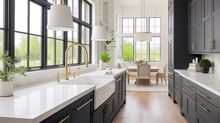 A classic farmhouse sink in the center of an elegant kitchen with black cabinets and white marble countertops creating a timeless look that captures both traditional charm and modern style.