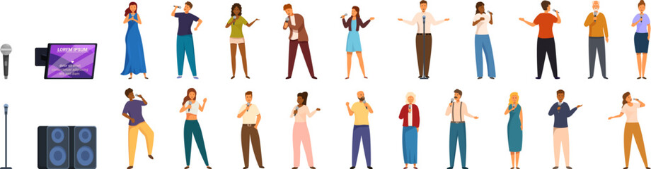 People karaoke icons set vector. A group of people are singing and dancing in front of a microphone. A microphone is also visible in the background