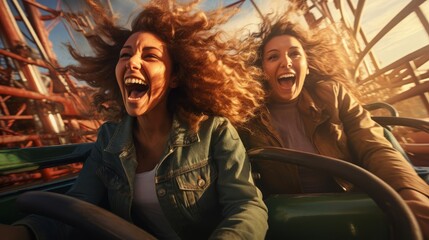 Friends screaming on a roller coaster at an amusement park focus on excitement, dynamic, blend mode, ride backdrop