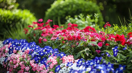 Obraz premium A vibrant garden scene with colorful flowers in full bloom, showcasing reds, pinks, and blues contrasted against green foliage.