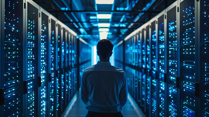 A horizontal side view shot of an IT technician working and checking system in the middle of the aisle inside a server room with rows of blue glowing network server cabinets on both sides