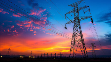 Fototapeta premium Electric pylons silhouetted against a vibrant sunset, highlighting the beauty of infrastructure amidst a colorful sky.