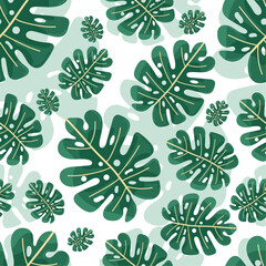Tropical monstera trendy botanical pattern with light green spots on white isolated background. Botanical vector exotic green leaves in flat style. For prints, wrapping paper, natural decor.