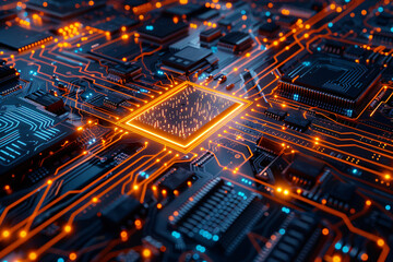 CPU Neon Flow: A Futuristic Representation of Advanced Technology with Orange Data Flowing Across a Microchip and Motherboard