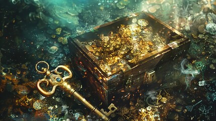 Golden treasure chest with key and coins for fantasy or adventure designs