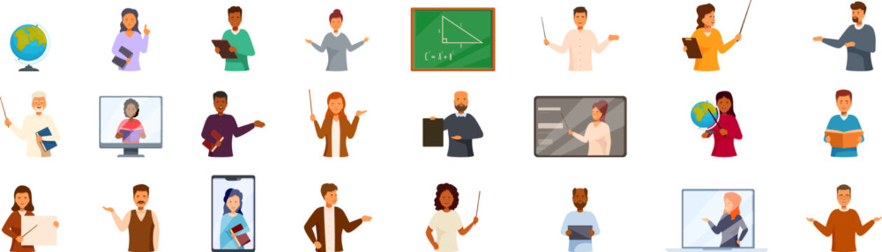Teachers explain icons set vector. A collection of cartoon characters that represent various professions, including teachers, students, and professionals. Concept of education and learning