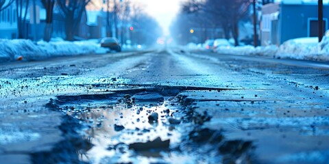 Decrepit City Road: Potholes, Damaged Asphalt, and Hazardous Conditions. Concept Urban Decay, Infrastructure, Road Safety, Pothole Repair, City Maintenance