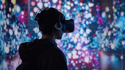 A person using an advanced virtual reality headset, immersed in a highly detailed and interactive virtual environment