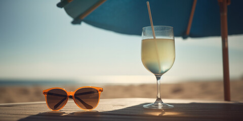 Close-up shot of a tropical coctail and sunglasess