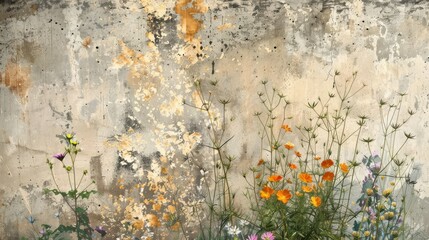 Painted concrete grunge with graphic wildflowers