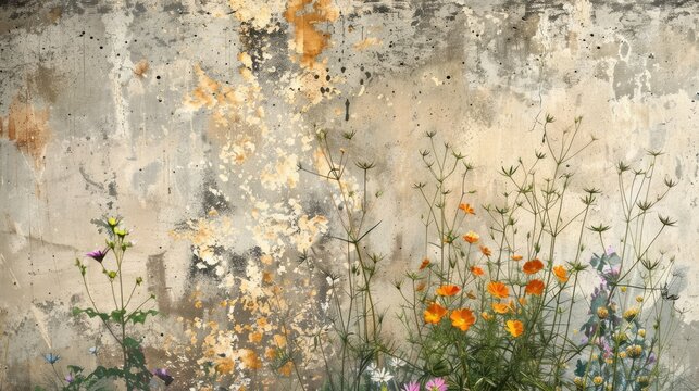 Painted concrete grunge with graphic wildflowers