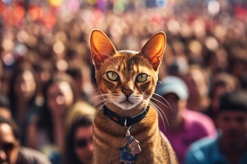Portrait of a funny abyssinian cat in front of vibrant festival crowd