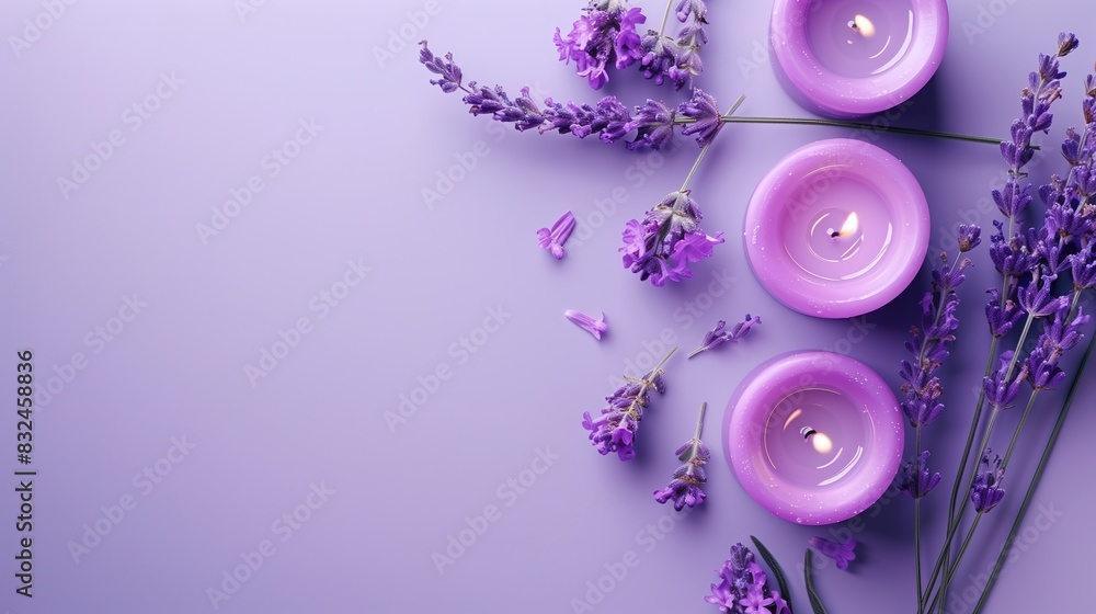 Wall mural Overhead shot of purple candles and delicate lavender flowers on a monochrome background - Wall murals