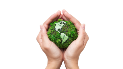 Hands holding a green globe, earth. Earth day concept