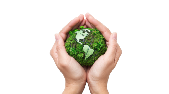 Hands holding a green globe, earth. Earth day concept