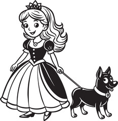 princess in a dress with dog illustration black and white