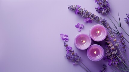 Overhead shot of purple candles and delicate lavender flowers on a monochrome background