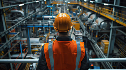 Fototapeta premium An engineer in a hard hat and reflective vest standing with their back to the camera, overlooking a busy factory floor with machinery and assembly lines, capturing industrial productivity 