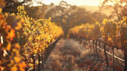 A picturesque vineyard in the fall, with grapevines turning golden brown and soft, warm light illuminating the scene
