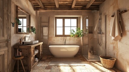 A rustic bathroom with earth-tone tiles, wooden accents, and natural light creating a warm and inviting space
