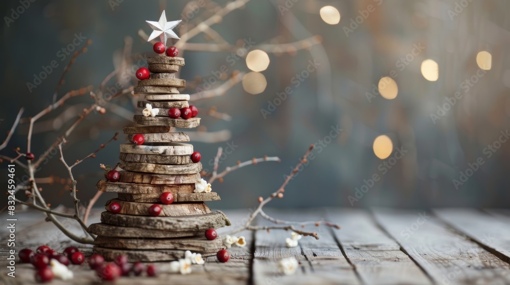 Poster a small christmas tree made from stacked slices of driftwood adorned with strings of cranberries and