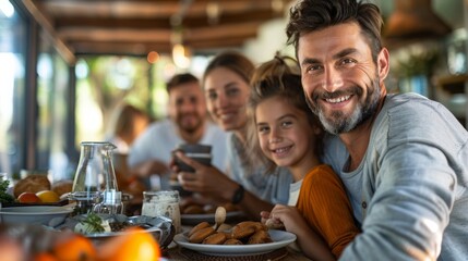 High-detail photo of a family enjoying a healthy breakfast together, smiling around the table