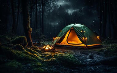 Hikers tent illuminated from within in a dark forest close up, wilderness camping, realistic, manipulation, dense forest backdrop