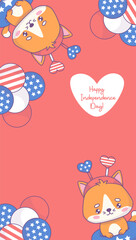 Happy Independence Day. Vertical Holiday poster. Cute patriotic cats character in accessories party headdress with balloons in colors American flag on red background. Vector illustration. 4th of July.