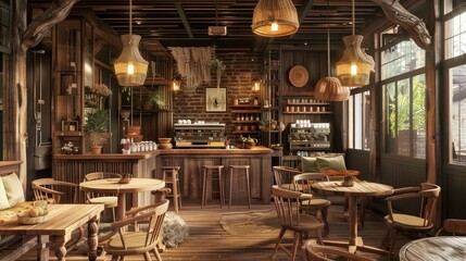 A rustic coffee shop with wooden furniture, earth-tone decor, and warm lighting creating a cozy ambiance