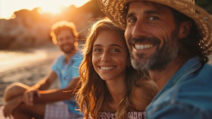 High-detail photo of a family enjoying a sunset picnic on the beach, all smiling and relaxed