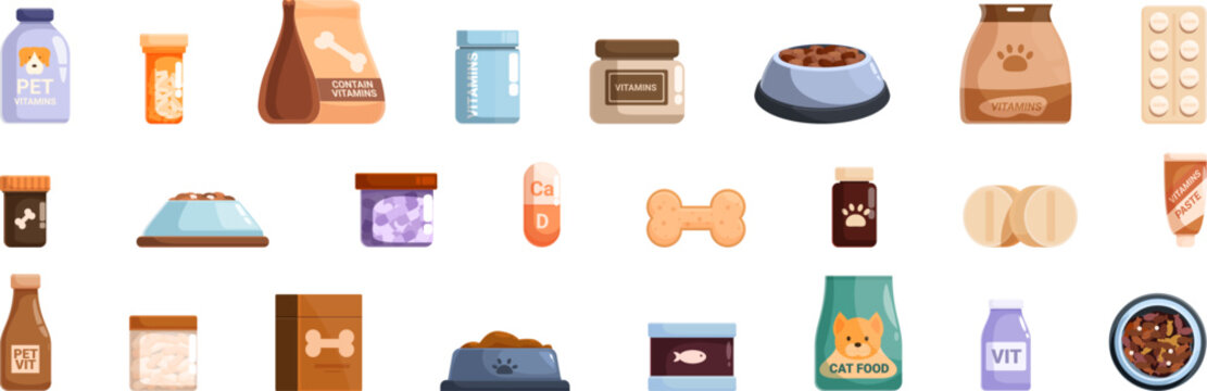 Vitamins pets icons set vector. A collection of pet supplies including dog food, medicine, and toys. Concept of care and responsibility for pets